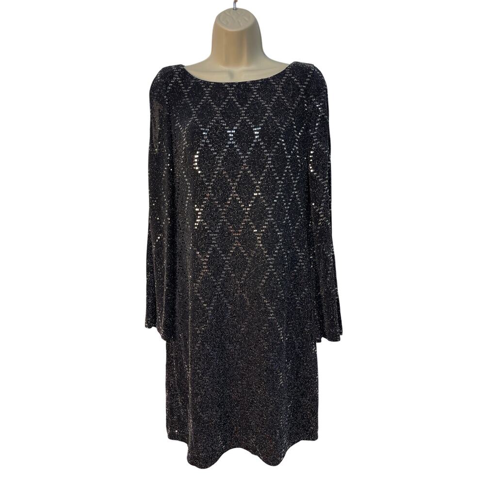 Jessica Howard Black Silver Sequin Cold Shoulder Diamond Shift Dress 10 JH7M0912